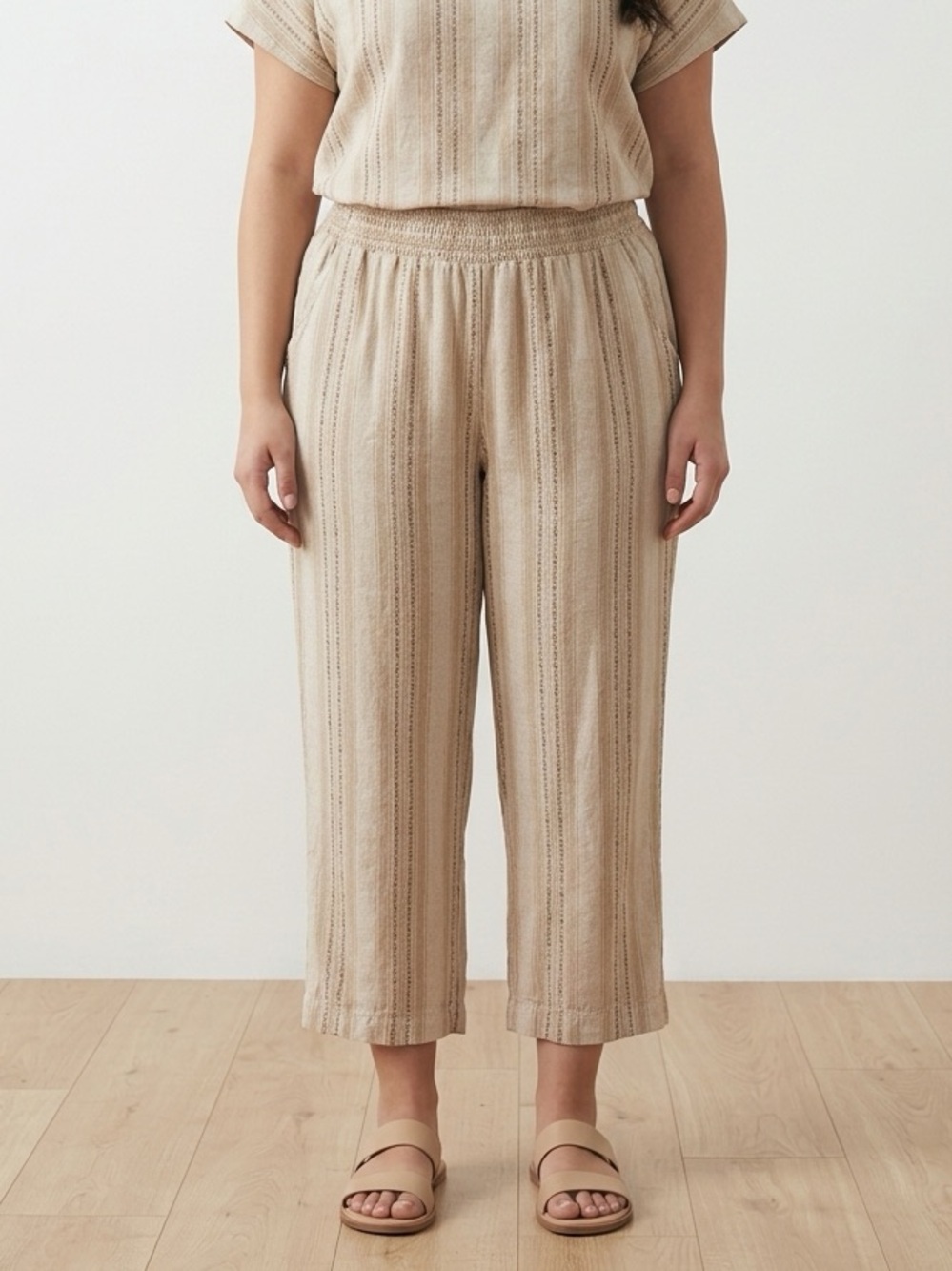 Briggs XL Beige Striped Wide Leg Pants Linen Viscose Elastic Waist Relaxed